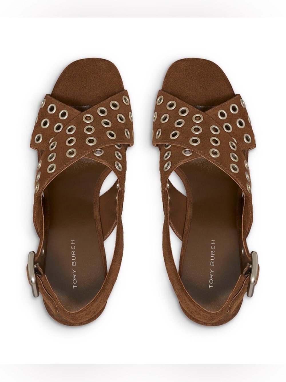 NWT Tory Burch Cross Band Suede Heel Sandals, Mustang, Size 8 - Picture 3 of 16